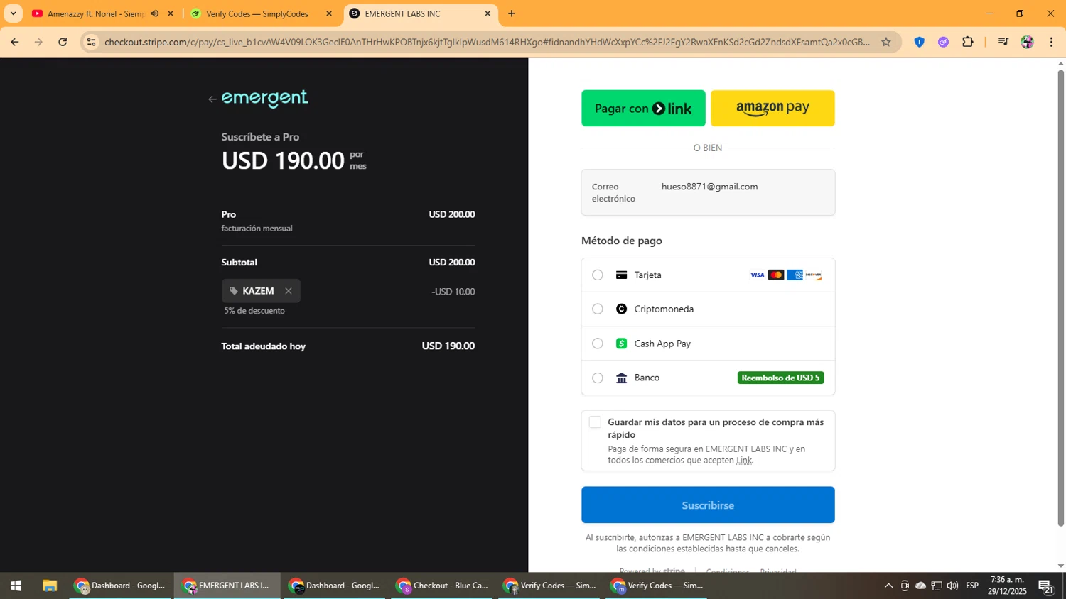 Emergent promo code screenshot showing code KAZEM applied at Emergent checkout page. Uploaded by SimplyCodes community member Vanmanuel on Dec 29, 2025