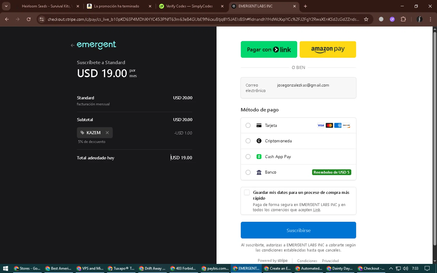 Emergent promo code screenshot showing code KAZEM applied at Emergent checkout page. Uploaded by SimplyCodes community member alexdaal on Dec 29, 2025