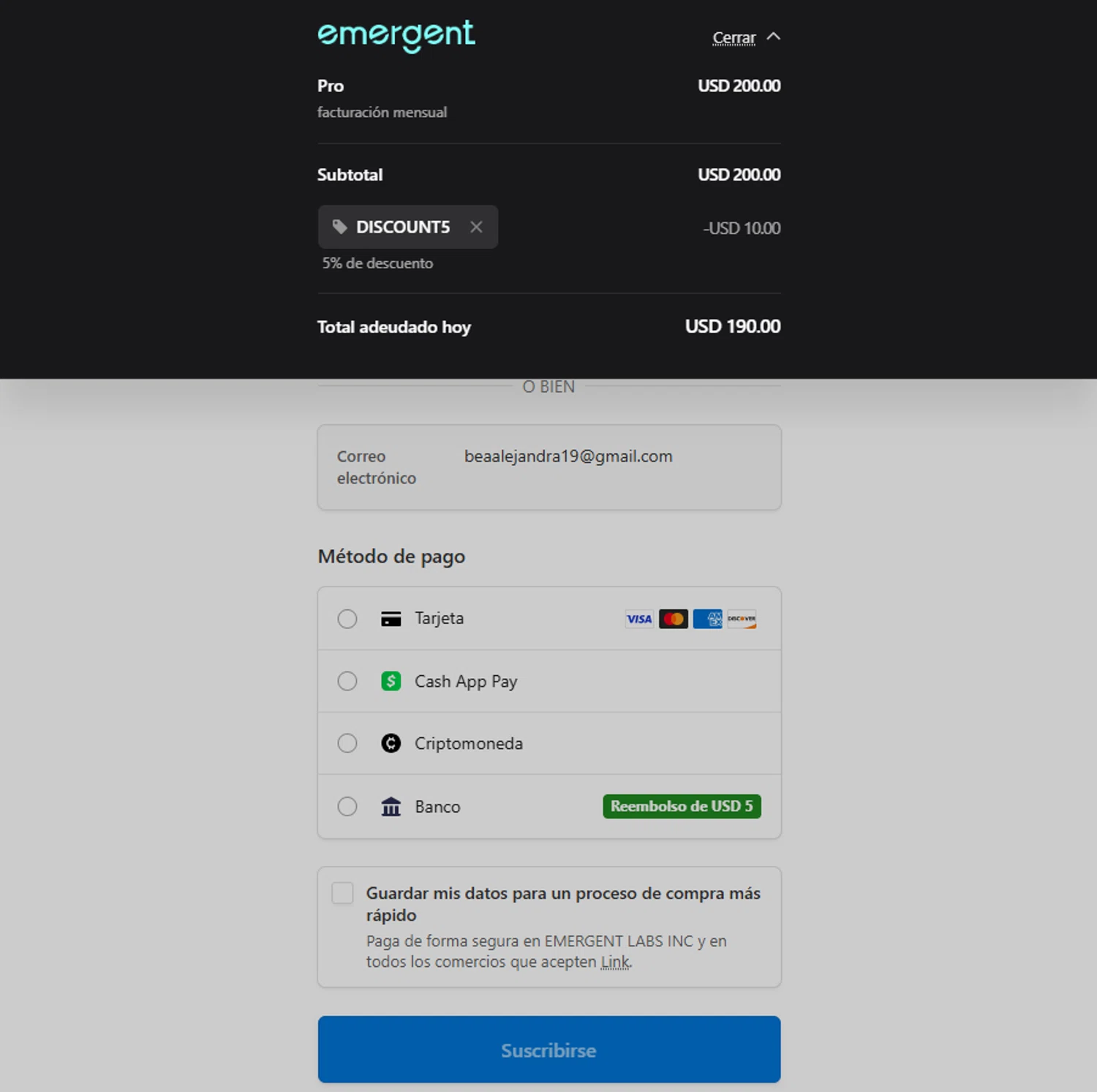 Emergent promo code screenshot showing code DISCOUNT5 applied at Emergent checkout page. Uploaded by SimplyCodes community member Sadalsuud on Jan 28, 2026