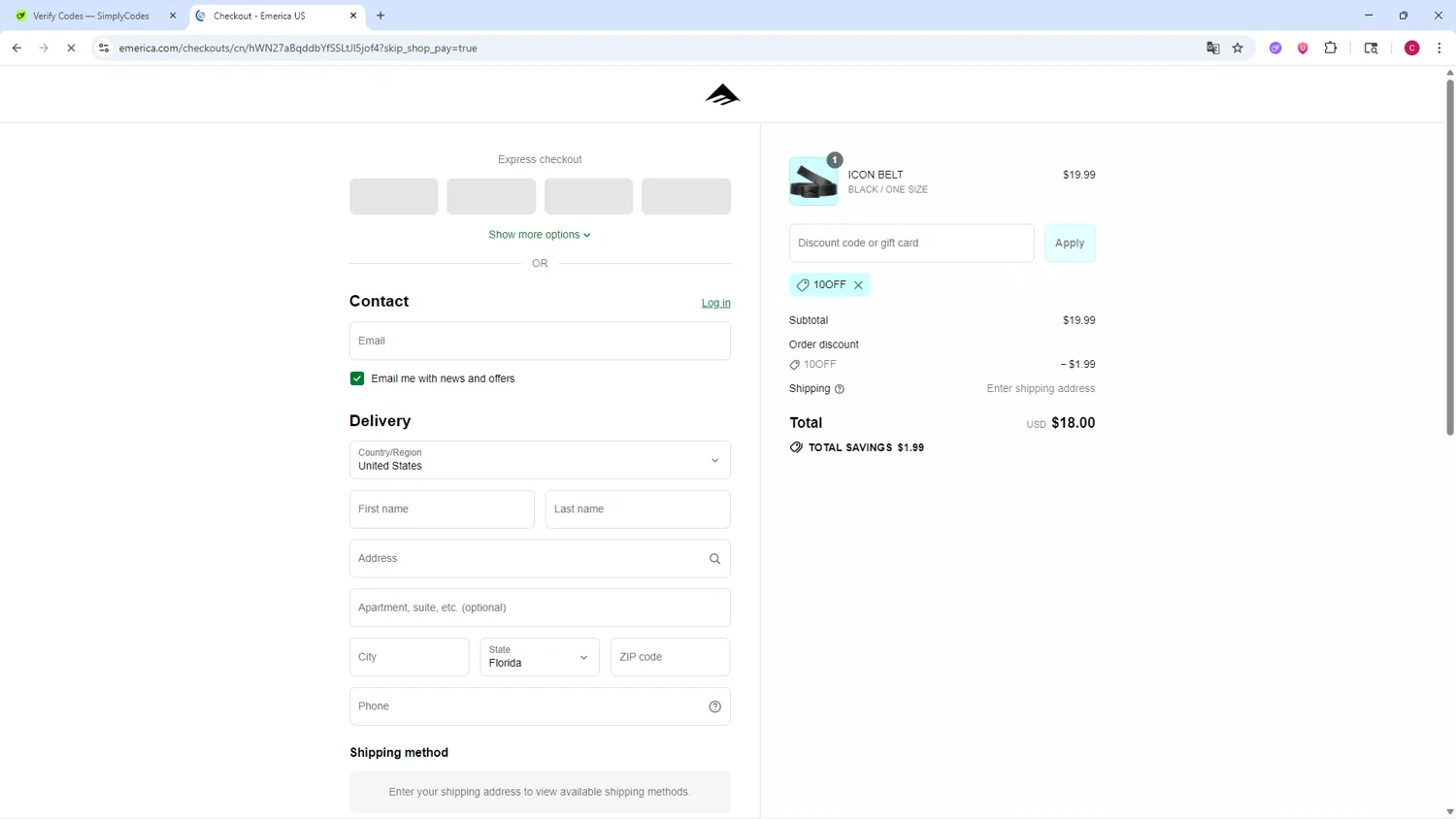 Emerica promo code screenshot showing code 10OFF applied at Emerica checkout page. Uploaded by SimplyCodes community member TOROREX250 on Aug 23, 2025