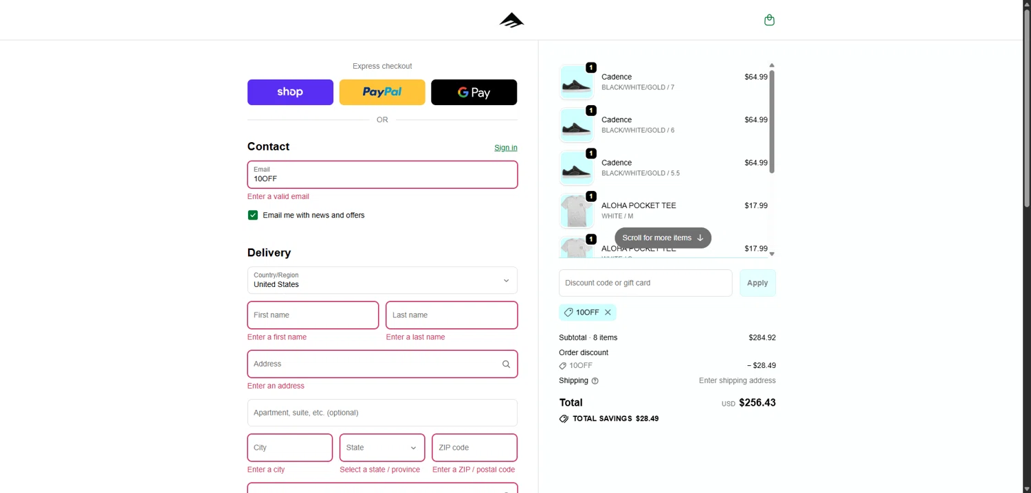 Emerica promo code screenshot showing code 10OFF applied at Emerica checkout page. Uploaded by SimplyCodes community member TokenCollector1268 on Oct 28, 2025