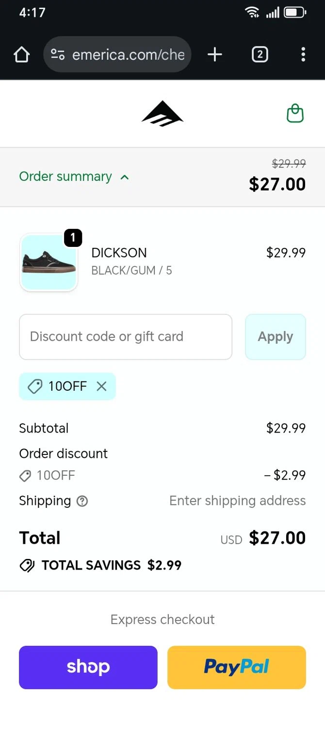 Emerica promo code screenshot showing code 10OFF applied at Emerica checkout page. Uploaded by SimplyCodes community member franksanchez on Nov 3, 2025