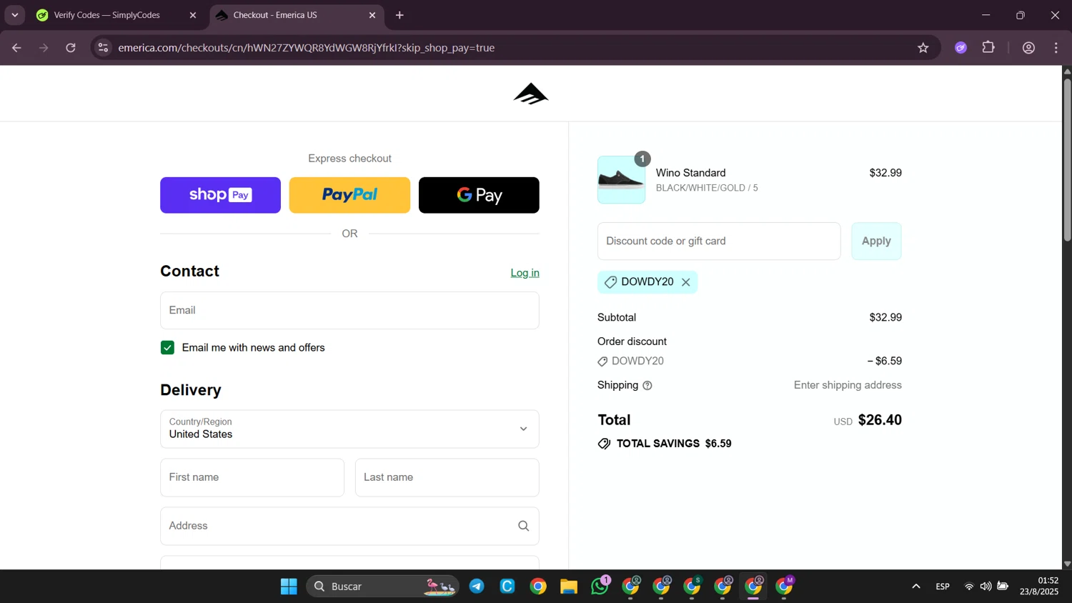 Emerica promo code screenshot showing code DOWDY20 applied at Emerica checkout page. Uploaded by SimplyCodes community member SilverWhiz4145 on Aug 23, 2025