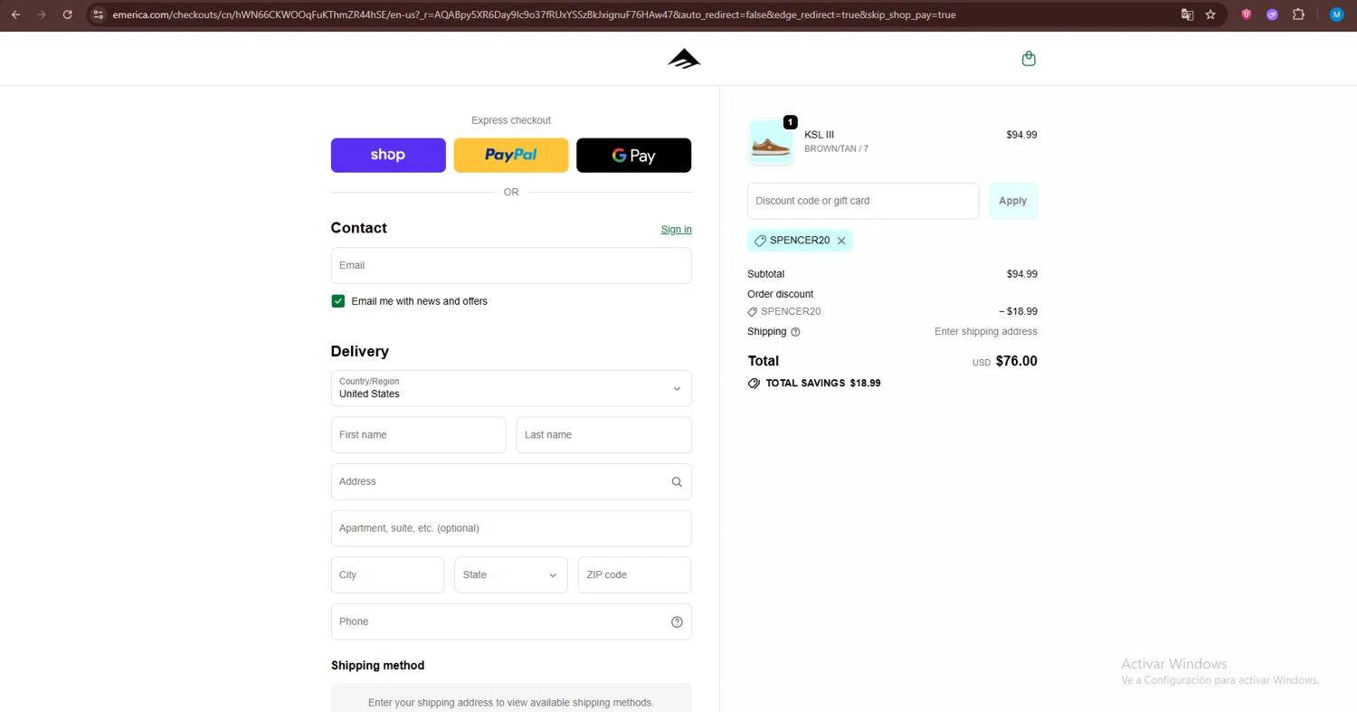 Emerica promo code screenshot showing code spencer20 applied at Emerica checkout page. Uploaded by SimplyCodes community member GloriousLion3901 on Dec 6, 2025