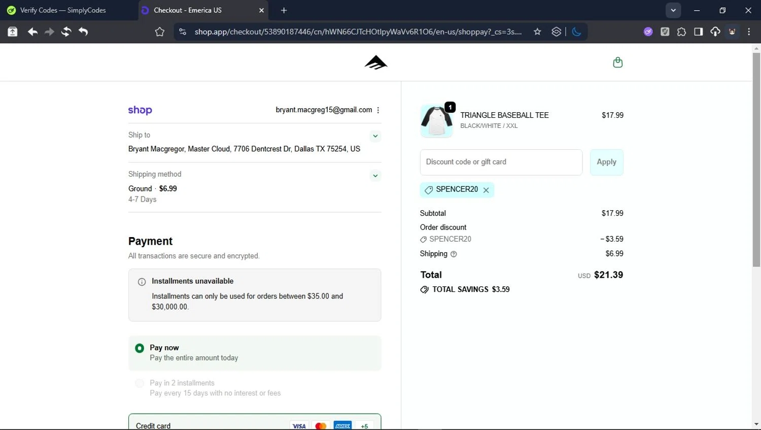 Emerica promo code screenshot showing code spencer20 applied at Emerica checkout page. Uploaded by SimplyCodes community member ValiantHunter5929 on Dec 6, 2025