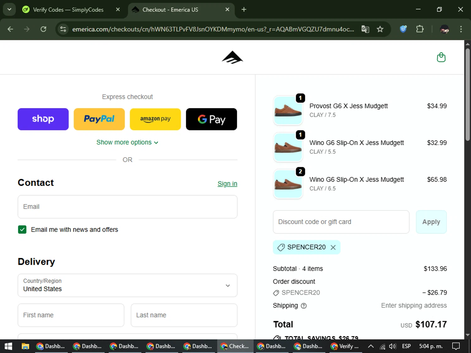 Emerica promo code screenshot showing code spencer20 applied at Emerica checkout page. Uploaded by SimplyCodes community member WonderCurator791 on Dec 4, 2025