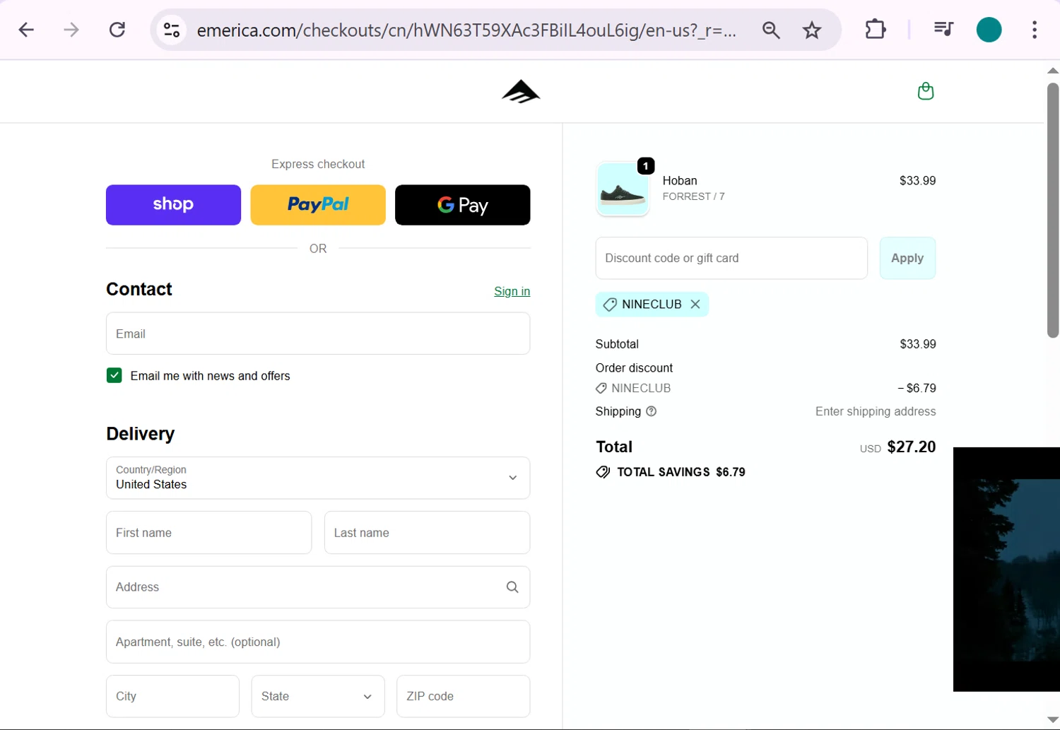 Emerica promo code screenshot showing code NINECLUB applied at Emerica checkout page. Uploaded by SimplyCodes community member anosesmith on Dec 4, 2025
