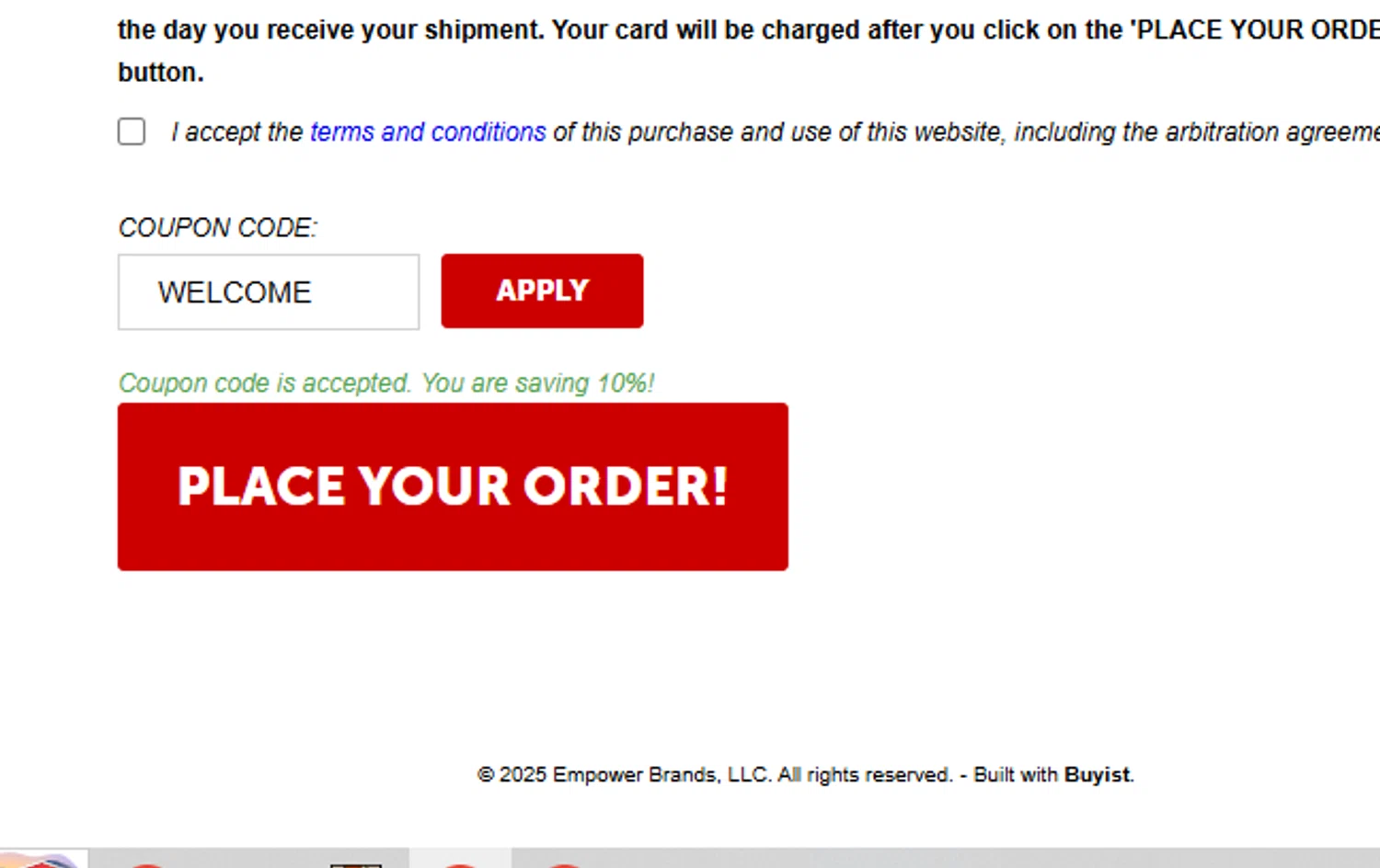 Emeril Everyday coupon code screenshot showing code WELCOME applied at Emeril Everyday checkout page. Uploaded by SimplyCodes community member RebatePilot8693 on Jul 1, 2025