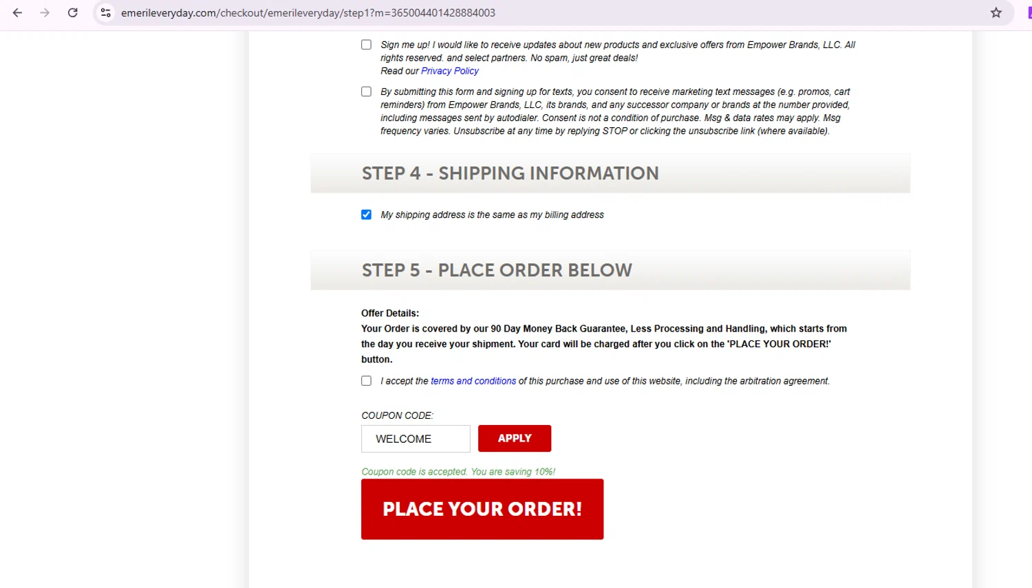 Emeril Everyday coupon code screenshot showing code WELCOME applied at Emeril Everyday checkout page. Uploaded by SimplyCodes community member Samu10 on Jun 10, 2025