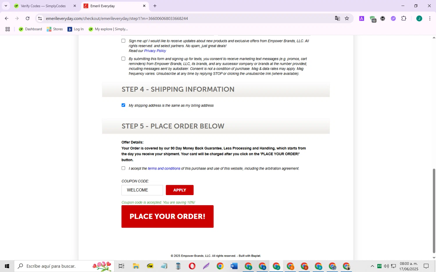 Emeril Everyday coupon code screenshot showing code WELCOME applied at Emeril Everyday checkout page. Uploaded by SimplyCodes community member SarayH on Jun 17, 2025