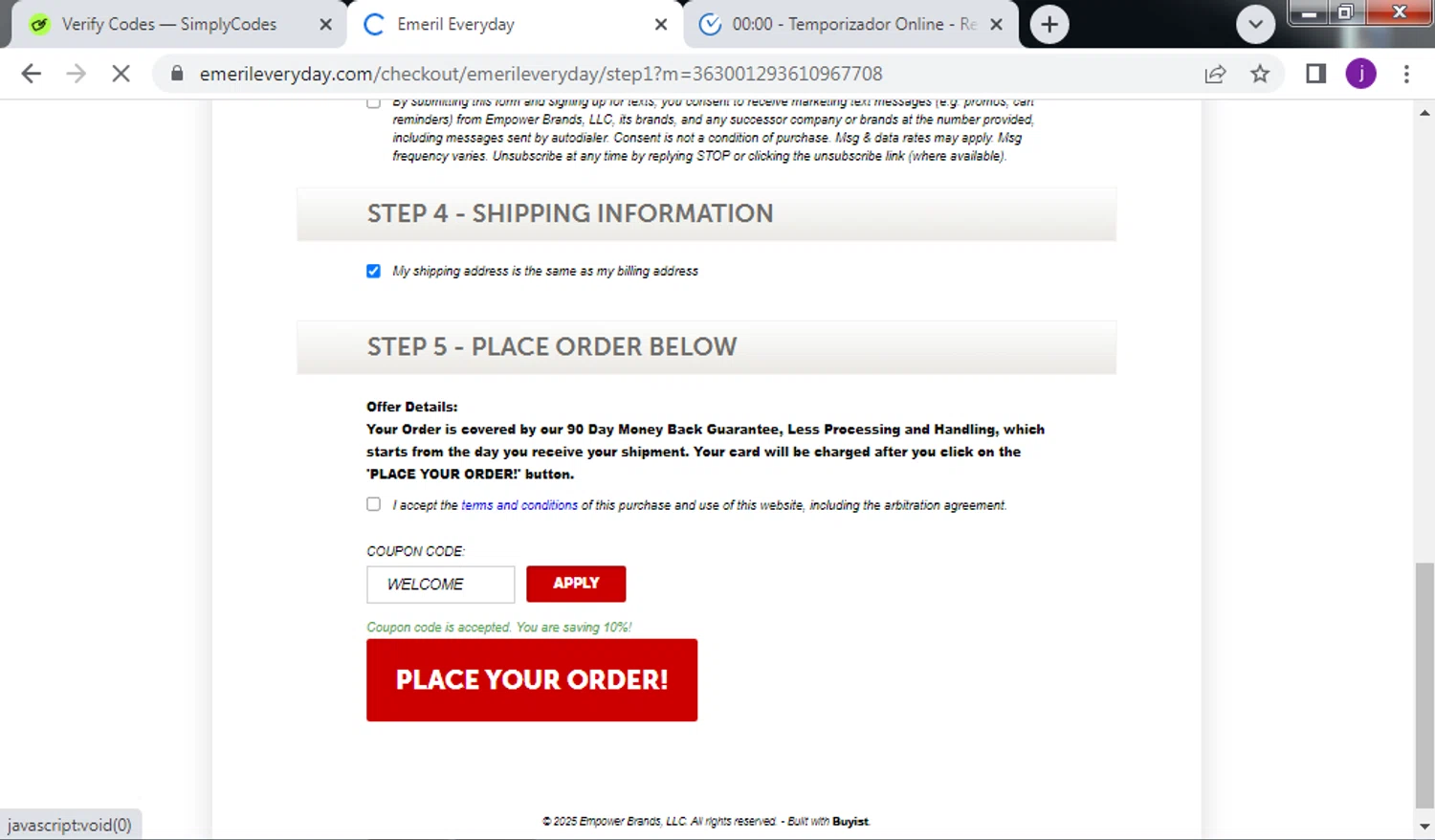 Emeril Everyday checkout page showing Emeril Everyday coupon code box | Screenshot taken by SimplyCodes community member on May 20, 2025