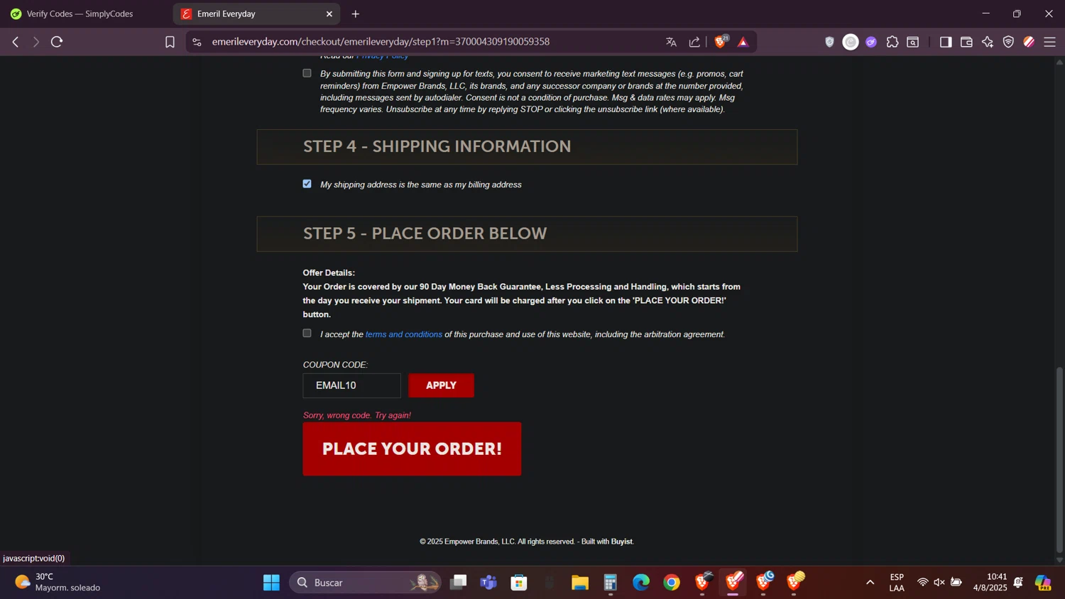Emeril Everyday coupon code screenshot showing code EMAIL10 applied at Emeril Everyday checkout page. Uploaded by SimplyCodes community member FortunateRanger1171 on Aug 4, 2025