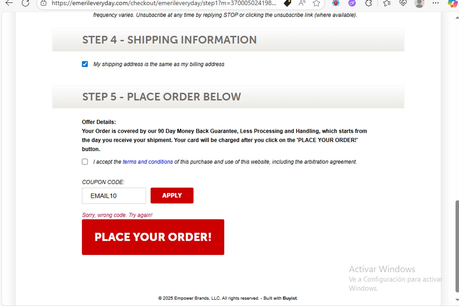 Emeril Everyday coupon code screenshot showing code EMAIL10 applied at Emeril Everyday checkout page. Uploaded by SimplyCodes community member Franco20 on Aug 4, 2025