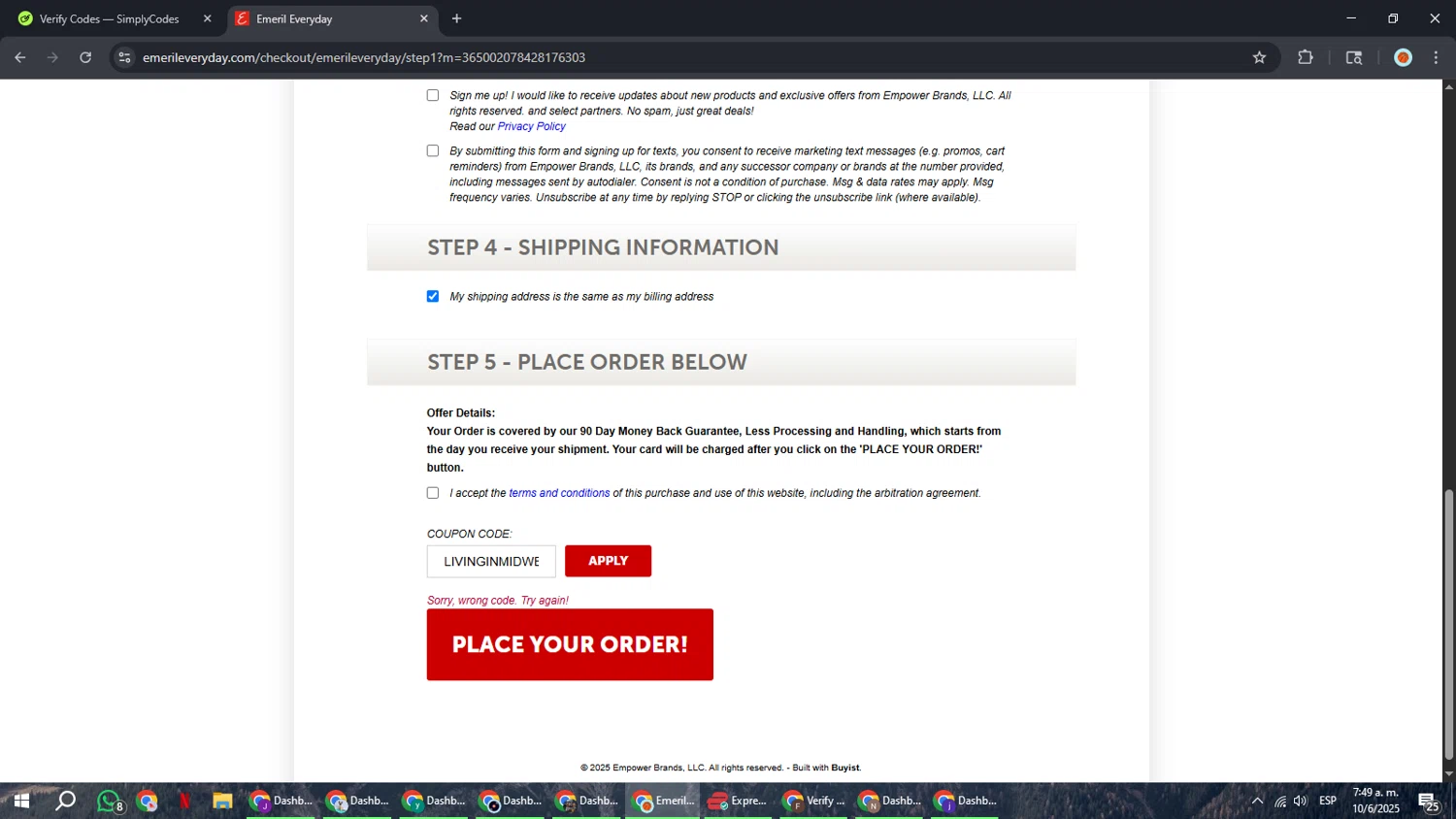 Emeril Everyday coupon code screenshot showing code LIVINGINMIDWEST10 applied at Emeril Everyday checkout page. Uploaded by SimplyCodes community member BonusCaptain9927 on Jun 10, 2025