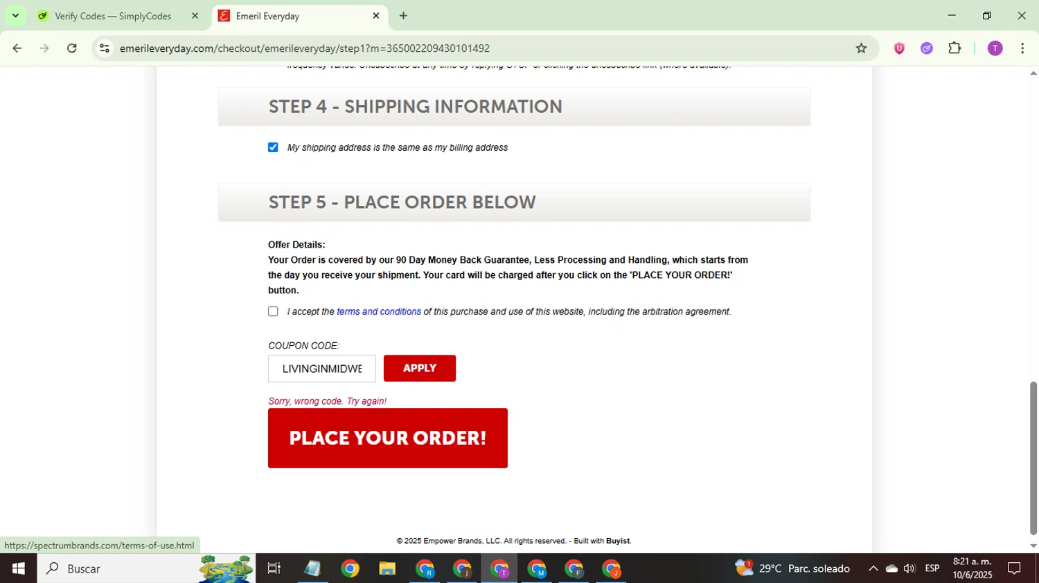 Emeril Everyday coupon code screenshot showing code LIVINGINMIDWEST10 applied at Emeril Everyday checkout page. Uploaded by SimplyCodes community member ThriftyCurator4085 on Jun 10, 2025