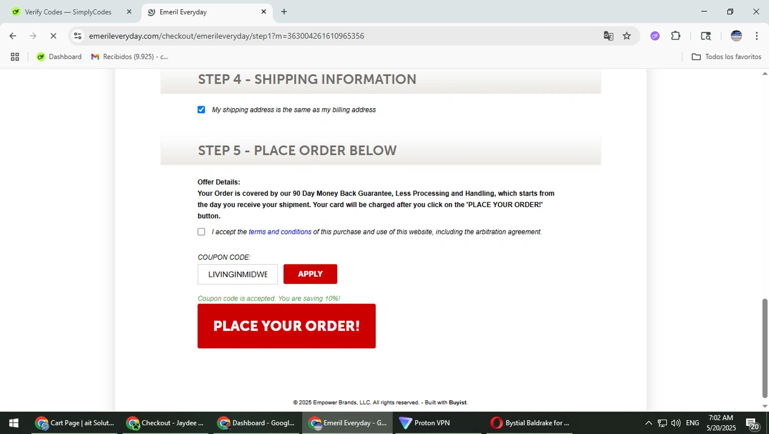 Emeril Everyday coupon code screenshot showing code LIVINGINMIDWEST10 applied at Emeril Everyday checkout page. Uploaded by SimplyCodes community member TrevorPhilips on May 20, 2025