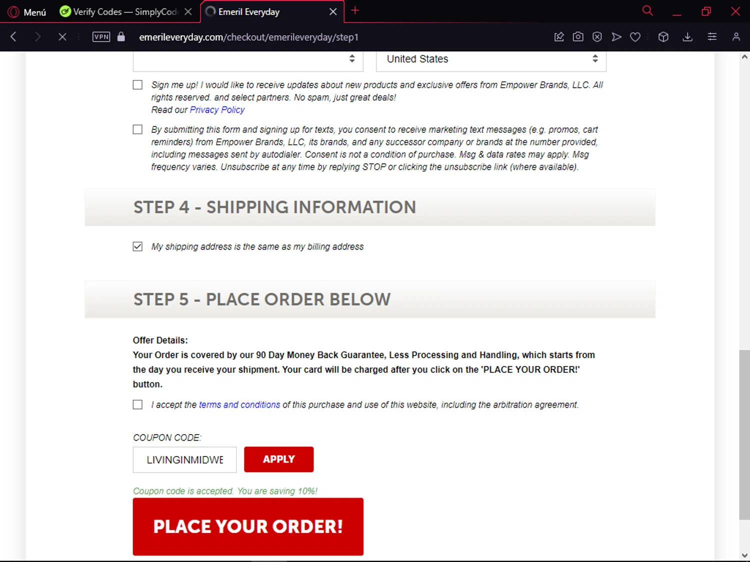Emeril Everyday checkout page showing Emeril Everyday coupon code box | Screenshot taken by SimplyCodes community member on Jan 8, 2025
