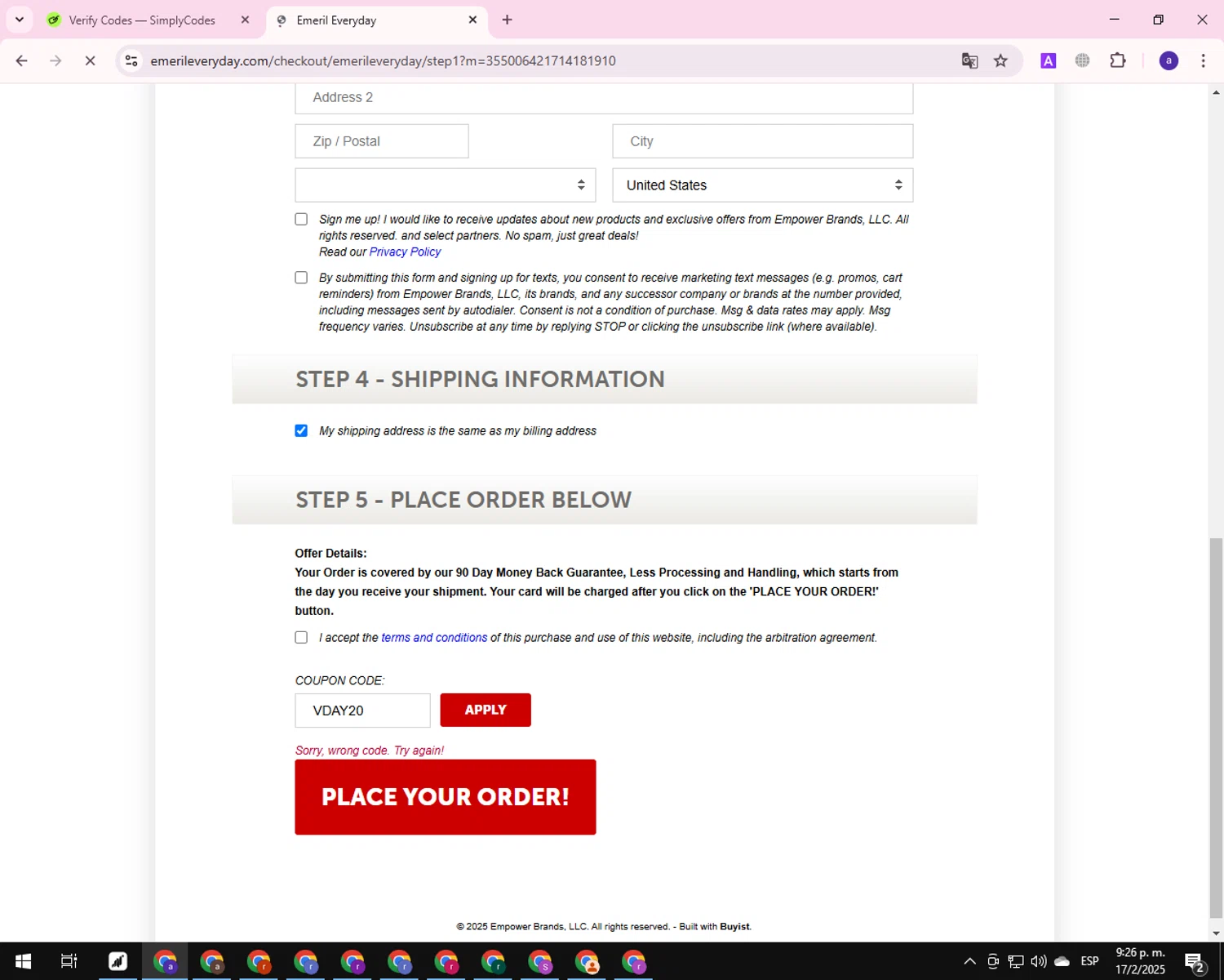 Emeril Everyday coupon code screenshot showing code VDAY20 applied at Emeril Everyday checkout page. Uploaded by SimplyCodes community member CleverShopper625 on Feb 18, 2025