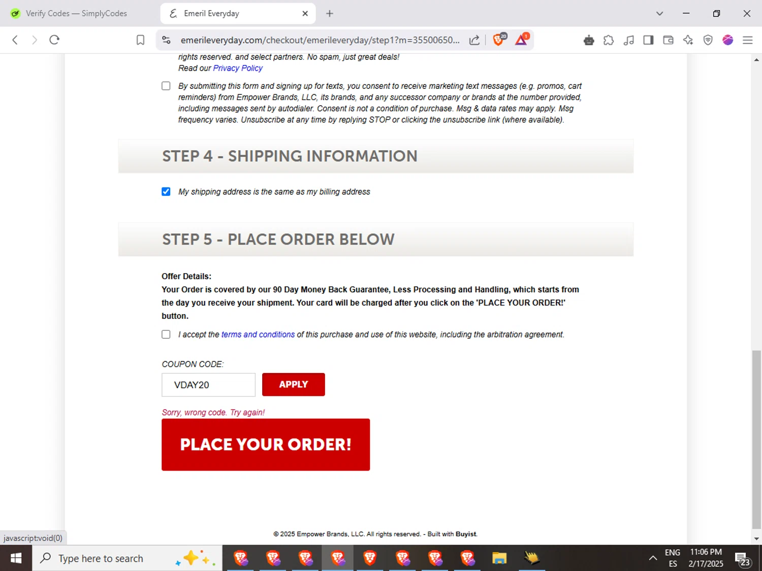 Emeril Everyday coupon code screenshot showing code VDAY20 applied at Emeril Everyday checkout page. Uploaded by SimplyCodes community member MagnificentCollector1722 on Feb 18, 2025