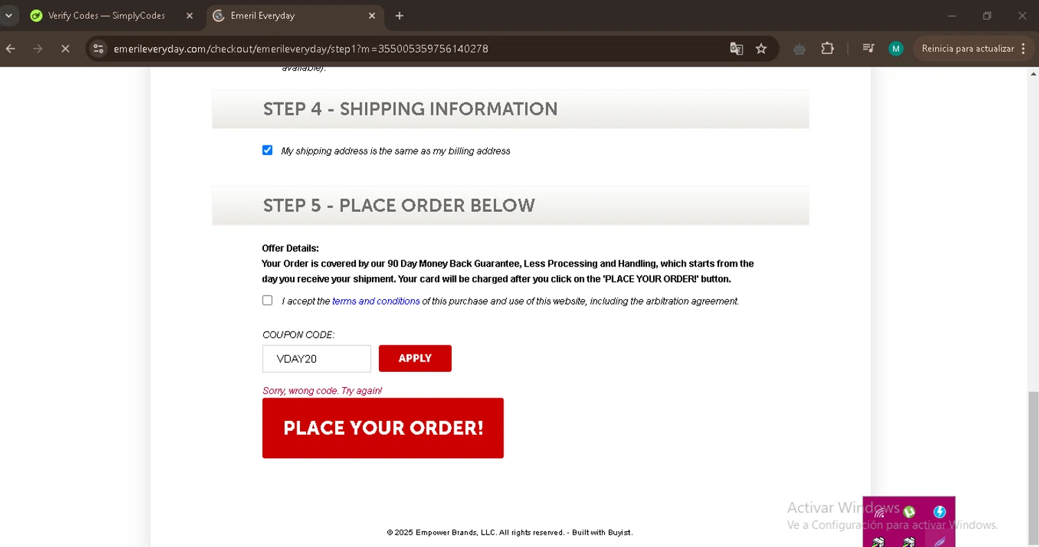 Emeril Everyday coupon code screenshot showing code VDAY20 applied at Emeril Everyday checkout page. Uploaded by SimplyCodes community member marco007 on Feb 18, 2025