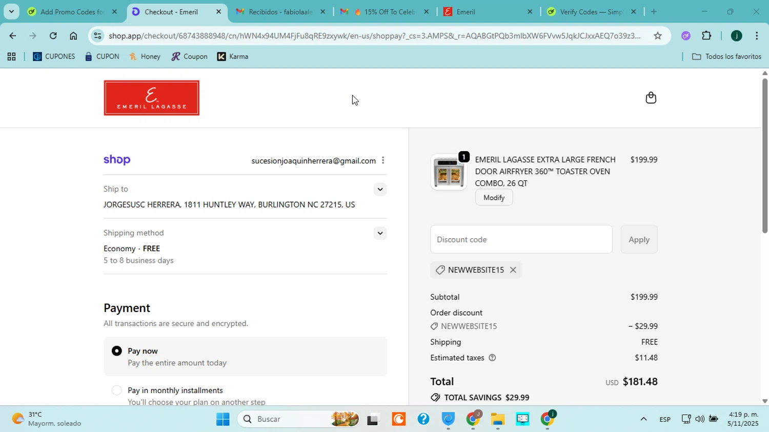 Emeril Everyday coupon code screenshot showing code NewWebsite15 applied at Emeril Everyday checkout page. Uploaded by SimplyCodes community member jorgejavierherrera on Nov 5, 2025
