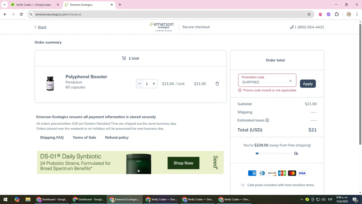 Emerson Ecologics promo code screenshot showing code SHIPFREE applied at Emerson Ecologics checkout page. Uploaded by SimplyCodes community member NobleScholar4826 on Jun 13, 2025
