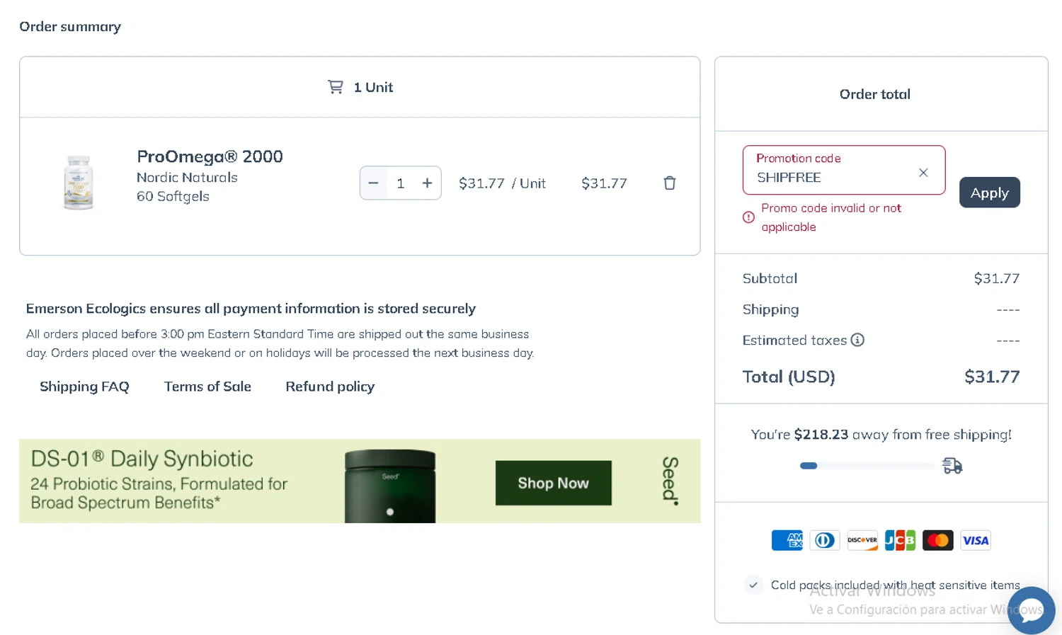 Emerson Ecologics promo code screenshot showing code SHIPFREE applied at Emerson Ecologics checkout page. Uploaded by SimplyCodes community member ValueSage7369 on Jun 13, 2025