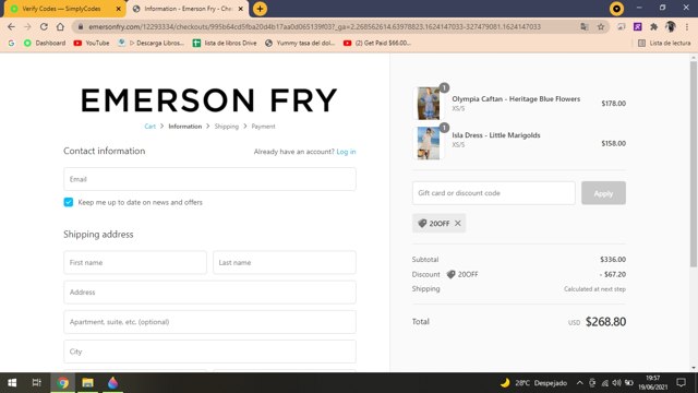 Emerson Fry checkout page showing Emerson Fry promo code box | Screenshot taken by SimplyCodes community member on Jun 19, 2021