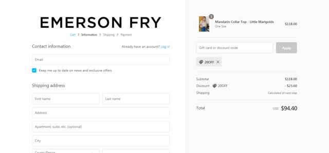 Emerson Fry checkout page showing Emerson Fry promo code box | Screenshot taken by SimplyCodes community member on Jun 9, 2021