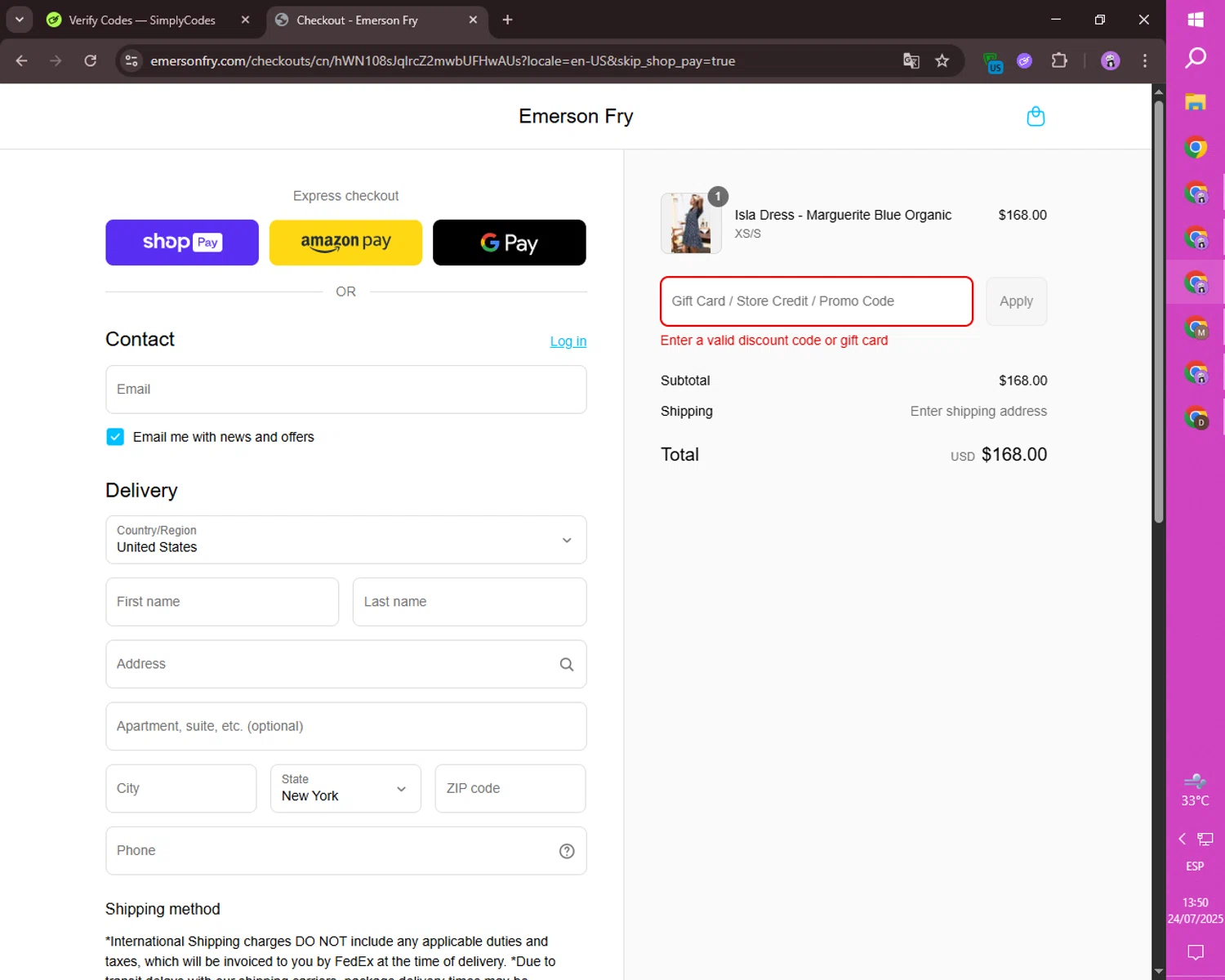 Emerson Fry promo code screenshot showing code CLKTOSHOP applied at Emerson Fry checkout page. Uploaded by SimplyCodes community member ositouno on Jul 24, 2025