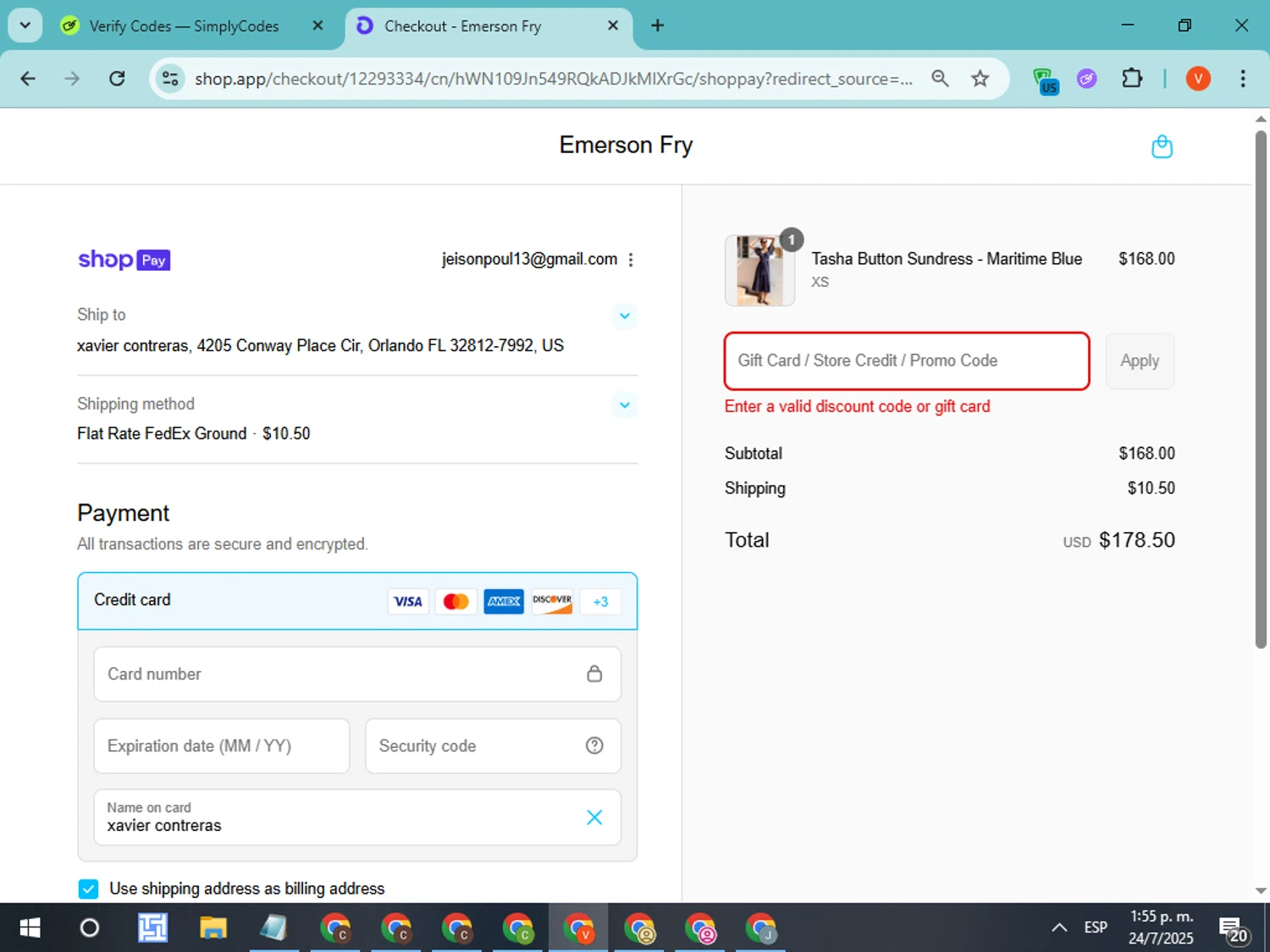 Emerson Fry promo code screenshot showing code CODE10 applied at Emerson Fry checkout page. Uploaded by SimplyCodes community member CodeMonarch8148 on Jul 24, 2025