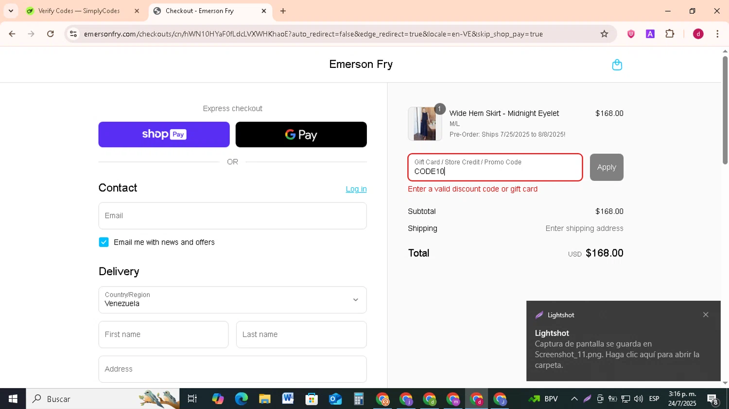Emerson Fry promo code screenshot showing code CODE10 applied at Emerson Fry checkout page. Uploaded by SimplyCodes community member FrugalMonarch7277 on Jul 24, 2025