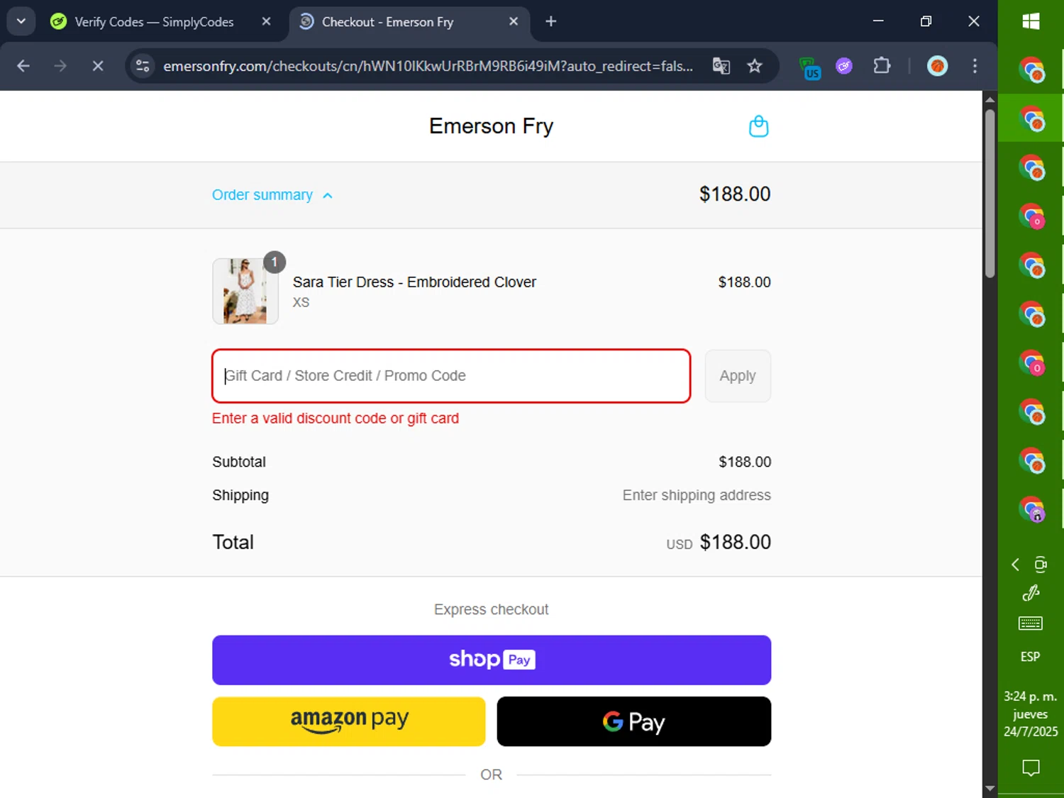 Emerson Fry promo code screenshot showing code CODE10 applied at Emerson Fry checkout page. Uploaded by SimplyCodes community member GoldPilot5958 on Jul 24, 2025