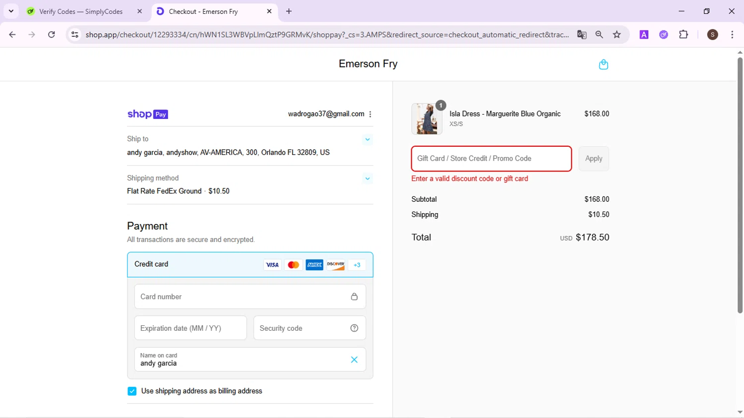 Emerson Fry promo code screenshot showing code CODE10 applied at Emerson Fry checkout page. Uploaded by SimplyCodes community member QuestPhoenix2794 on Aug 5, 2025