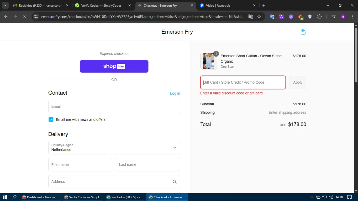 Emerson Fry promo code screenshot showing code CODE10 applied at Emerson Fry checkout page. Uploaded by SimplyCodes community member tumiedo on Jul 24, 2025