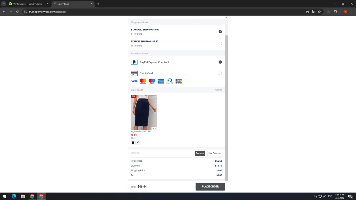 Emery Rose discount code screenshot showing code NEW18 applied at Emery Rose checkout page. Uploaded by SimplyCodes community member SIMPLYCODESSS on Mar 3, 2025