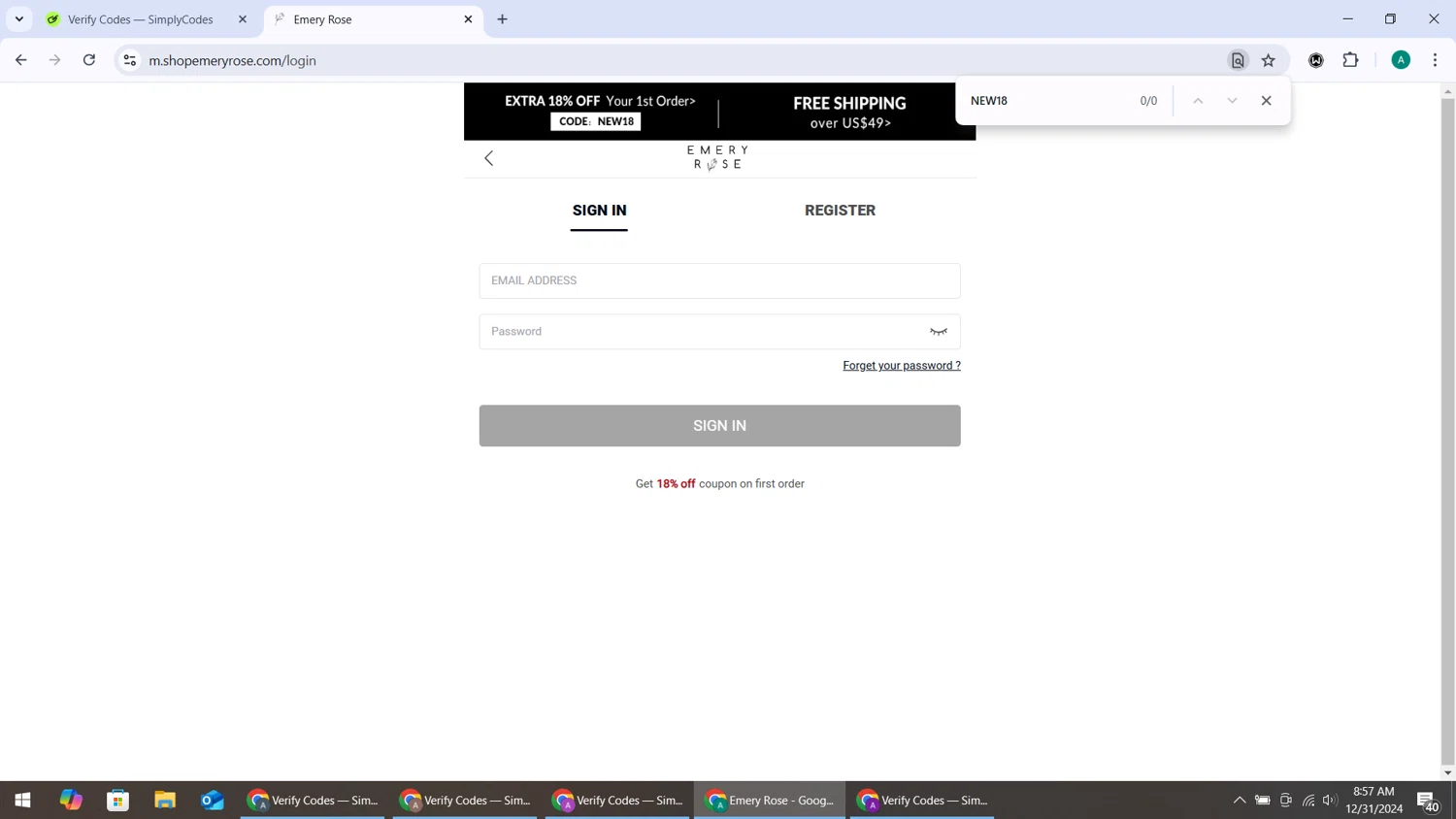 Emery Rose discount code screenshot showing code NEW18 applied at Emery Rose checkout page. Uploaded by SimplyCodes community member ShieldHunter3846 on Dec 31, 2024