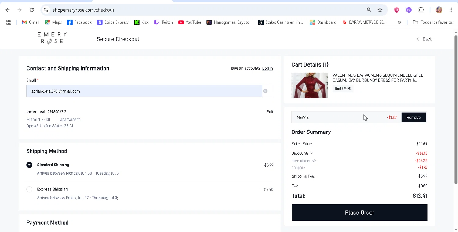 Emery Rose discount code screenshot showing code NEW18 applied at Emery Rose checkout page. Uploaded by SimplyCodes community member ronaldhernandez on Jun 22, 2025