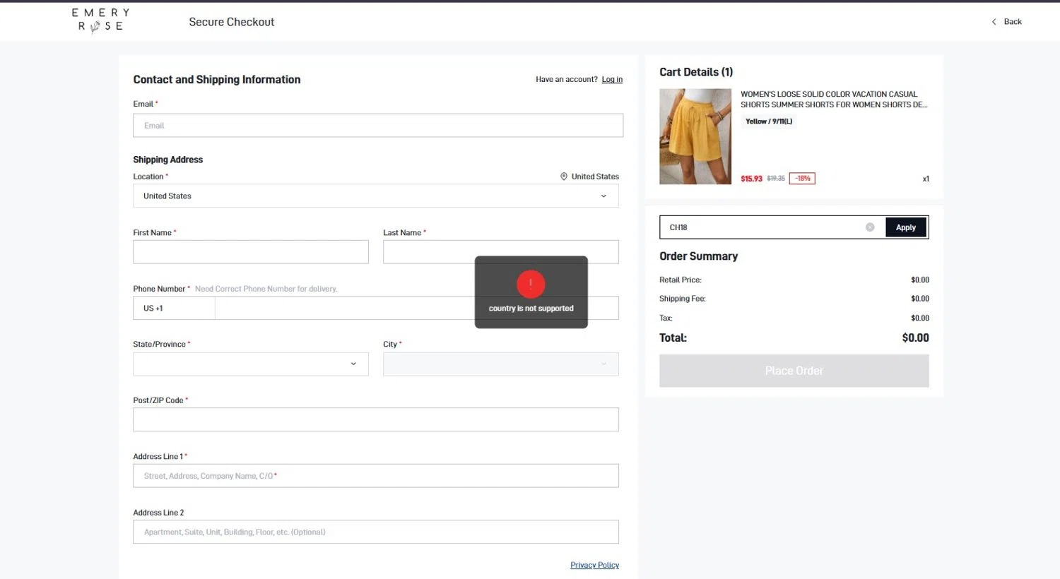 Emery Rose discount code screenshot showing code CH18 applied at Emery Rose checkout page. Uploaded by SimplyCodes community member CoinScholar3615 on Jun 20, 2025