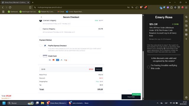 Emery Rose checkout page showing Emery Rose discount code box | Screenshot taken by SimplyCodes community member on Jun 20, 2025