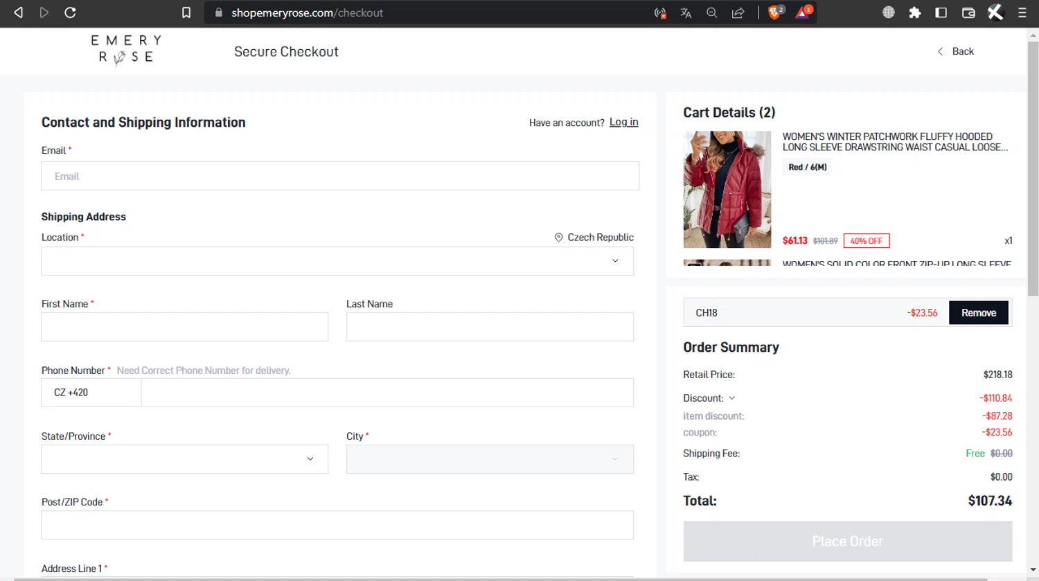 Emery Rose discount code screenshot showing code CH18 applied at Emery Rose checkout page. Uploaded by SimplyCodes community member l2994552451687 on Apr 7, 2025