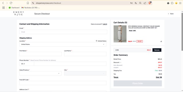 Emery Rose checkout page showing Emery Rose discount code box | Screenshot taken by SimplyCodes community member on Apr 7, 2025