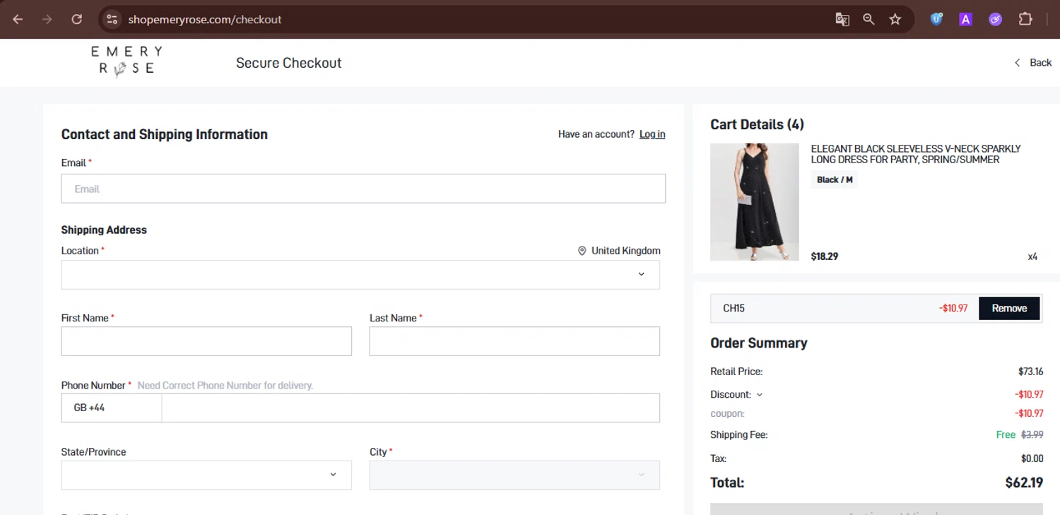 Emery Rose discount code screenshot showing code CH15 applied at Emery Rose checkout page. Uploaded by SimplyCodes community member FortunateDefender3676 on May 28, 2025