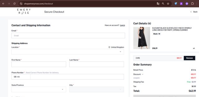 Emery Rose checkout page showing Emery Rose discount code box | Screenshot taken by SimplyCodes community member on May 28, 2025