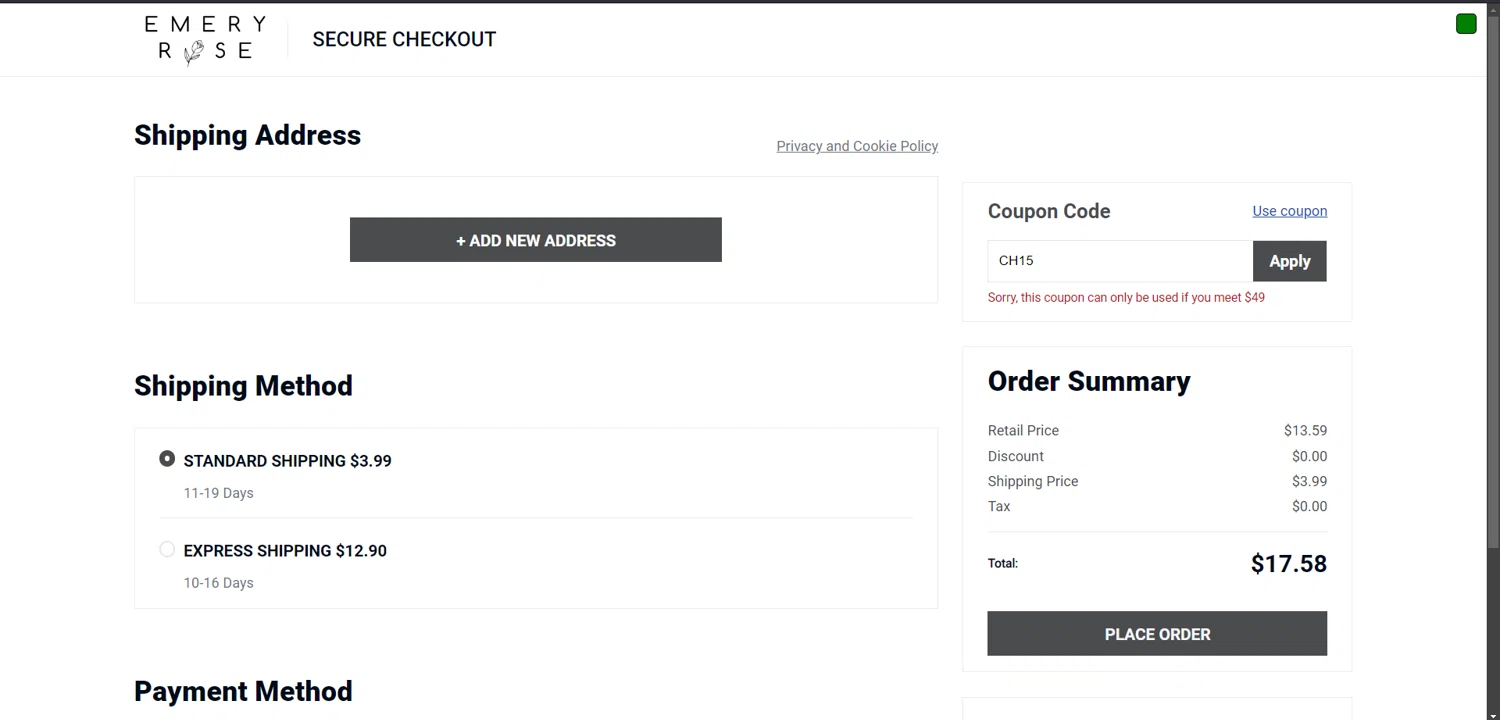 Emery Rose discount code screenshot showing code CH15 applied at Emery Rose checkout page. Uploaded by SimplyCodes community member THEROCKs on Mar 15, 2025