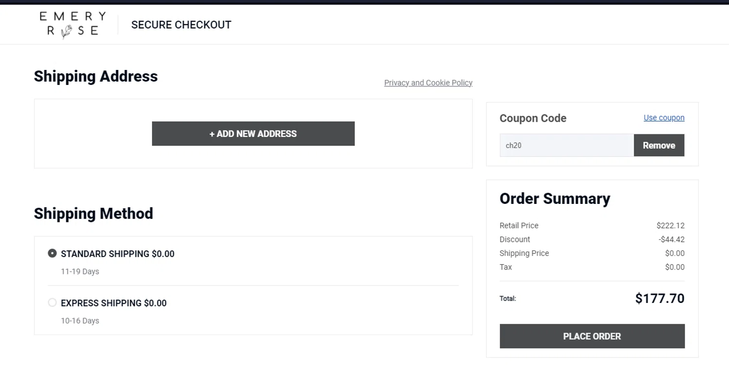 Emery Rose discount code screenshot showing code ch20 applied at Emery Rose checkout page. Uploaded by SimplyCodes community member Yossoy on Mar 12, 2025