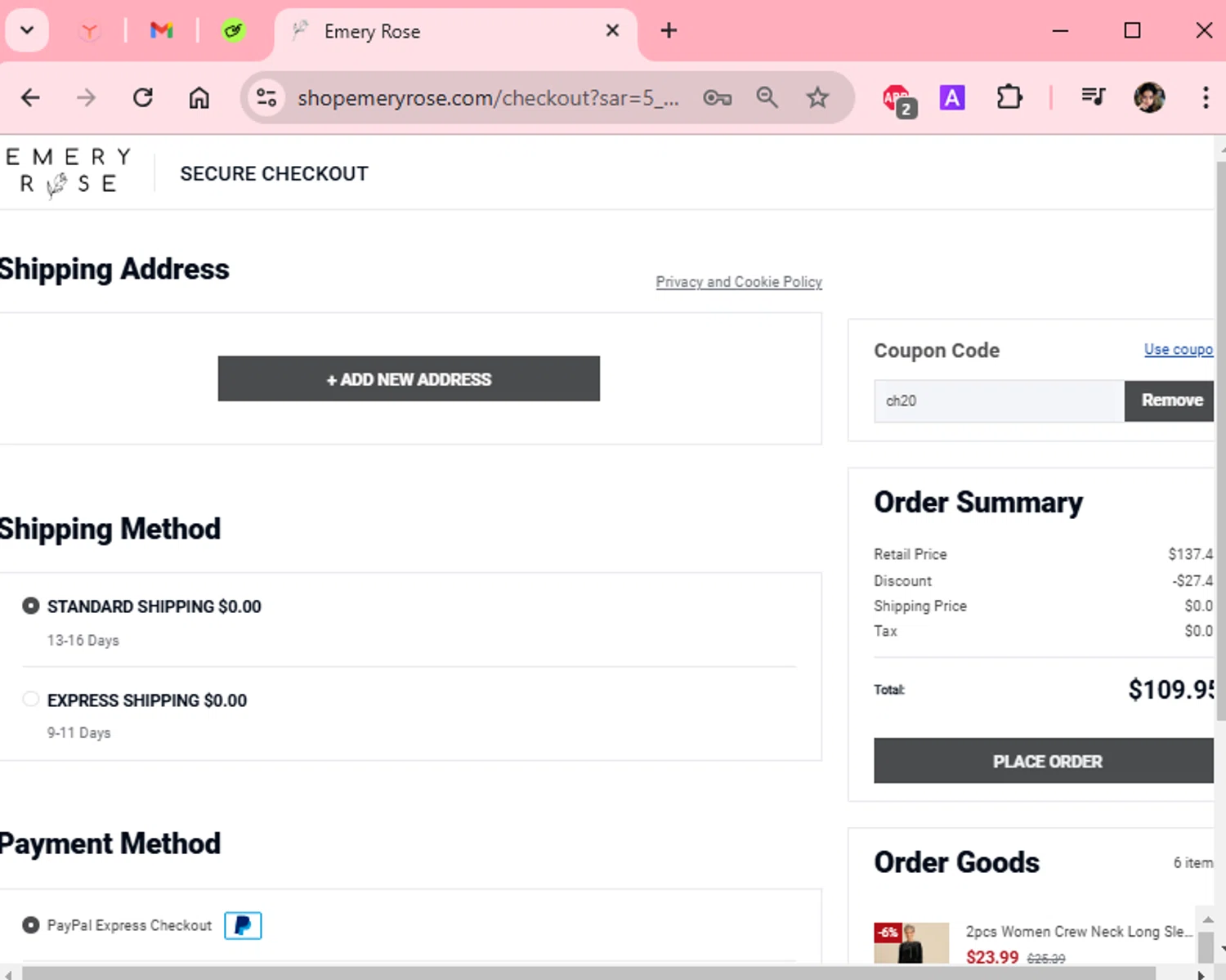 Emery Rose discount code screenshot showing code ch20 applied at Emery Rose checkout page. Uploaded by SimplyCodes community member Scarleth_2GGD on Dec 28, 2024