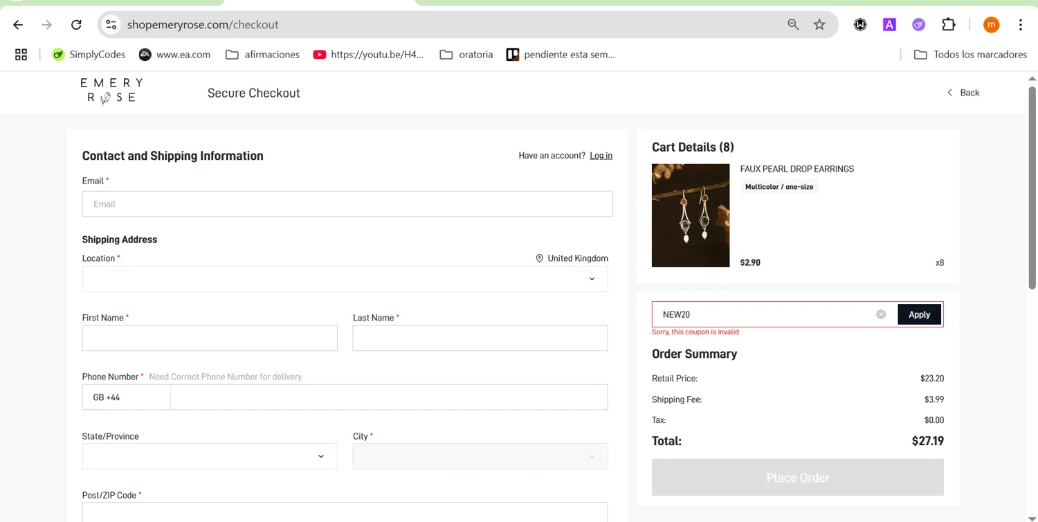 Emery Rose discount code screenshot showing code NEW20 applied at Emery Rose checkout page. Uploaded by SimplyCodes community member ROIS28 on Apr 26, 2025