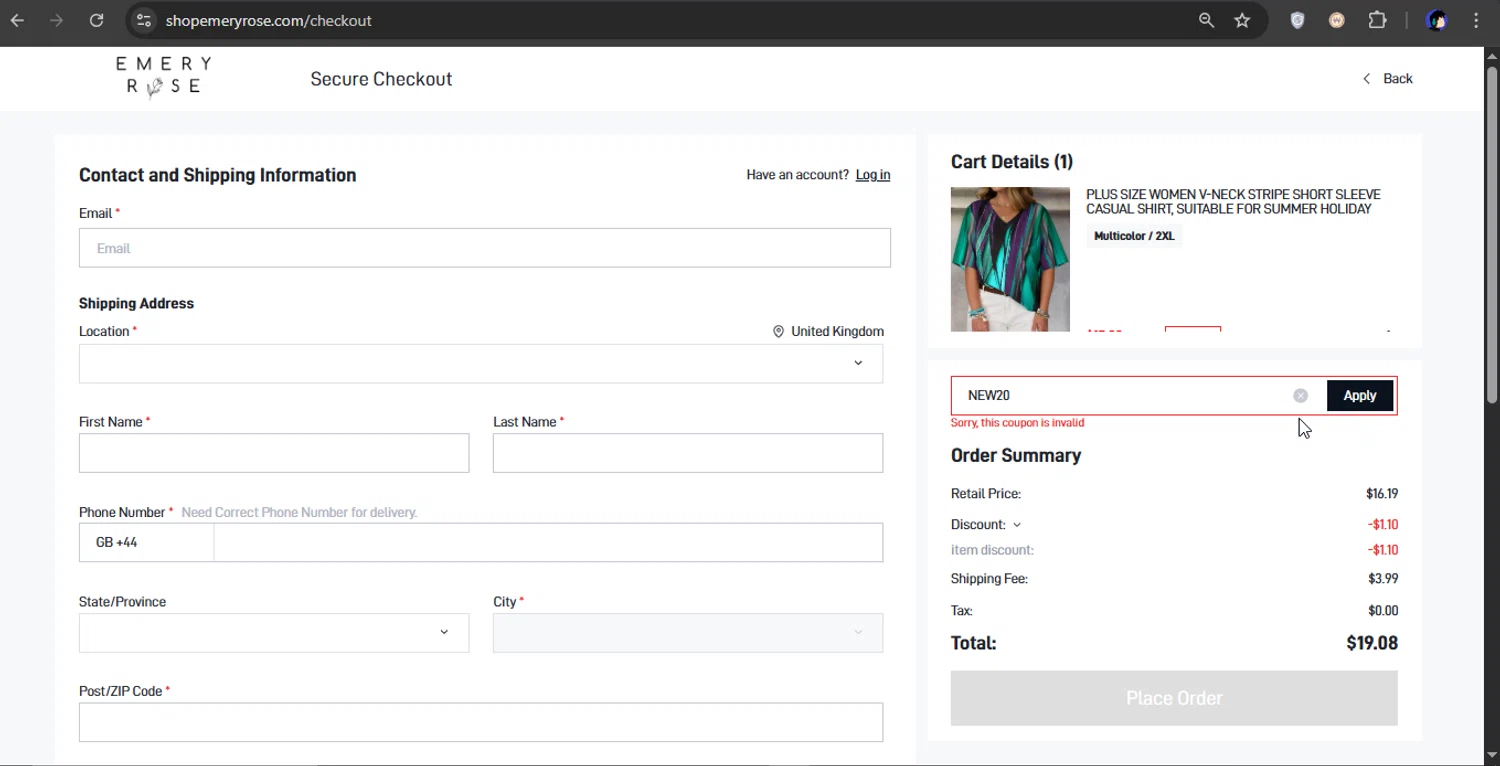 Emery Rose discount code screenshot showing code NEW20 applied at Emery Rose checkout page. Uploaded by SimplyCodes community member xXSATOXx on Apr 26, 2025