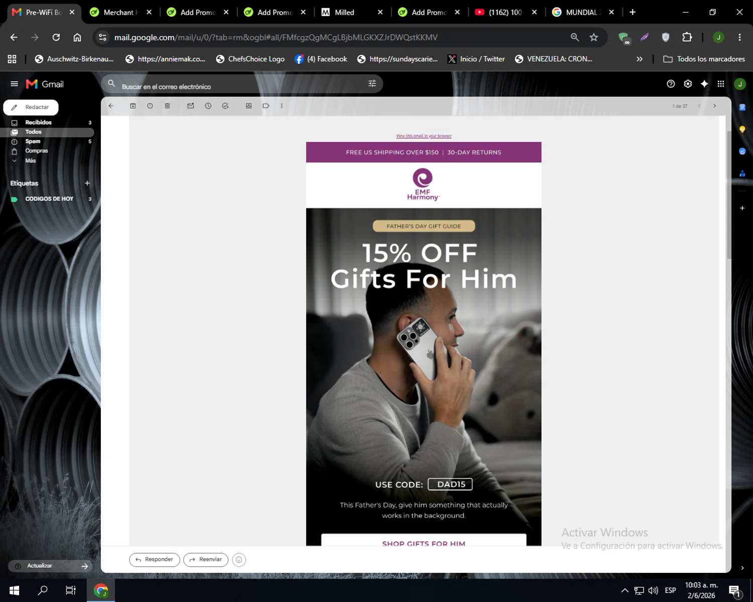 EMF Harmony promo code screenshot showing code DAD15 applied at EMF Harmony checkout page. Uploaded by SimplyCodes community member Codehunter on Jun 2, 2026